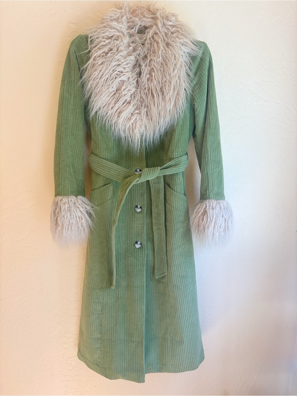 Urban Outfitters Tasha Coat Corduroy Faux Fur Trim Belted Jacket Boho Penny Lane